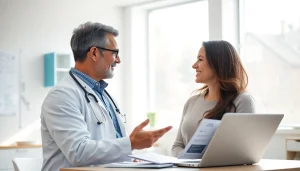 Il medico spiega opzioni di fecondazione eterologa a una coppia in una clinica moderna.