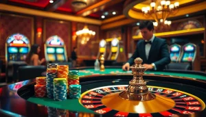 Experience the thrill of winning at https://nk88net.com/ with a luxurious casino scene featuring a roulette table.