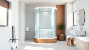 Duschkabine 90x90 in modernem Badezimmer mit eleganten Fliesen und angenehmer Beleuchtung.