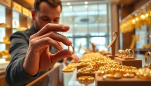 Hier klicken Goldankauf - Goldring wird von einem Juwelier in einem eleganten Geschäft begutachtet.