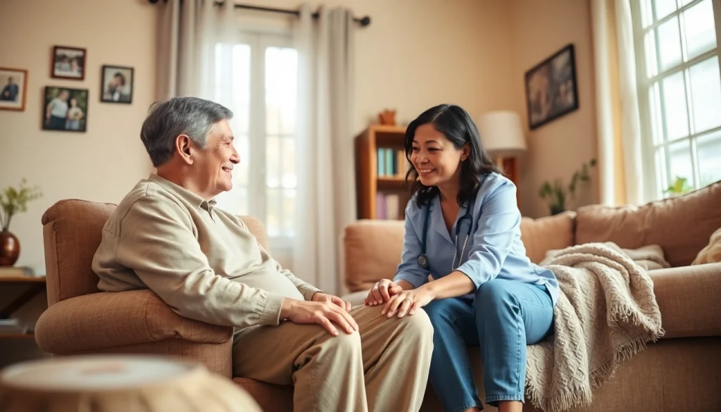 Engaged caregiver provides personalized in home care austin tx to an elderly man in a cozy living room.