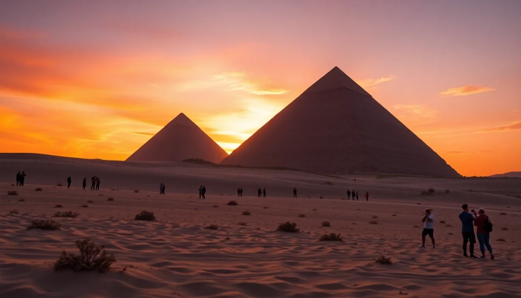 View the Great Pyramids of Giza at sunset on https://piraminds.com/ showcasing their majestic structure.
