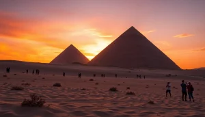 View the Great Pyramids of Giza at sunset on https://piraminds.com/ showcasing their majestic structure.