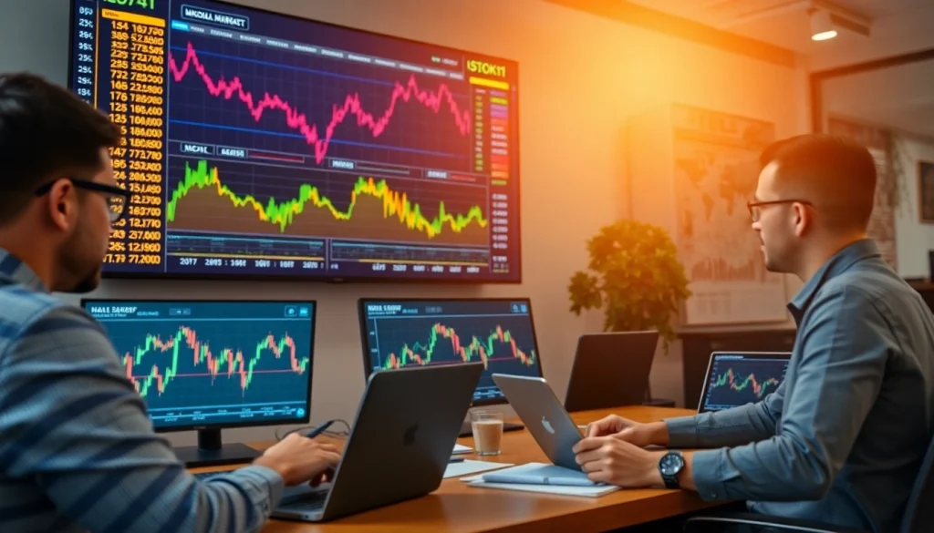 Analyze ai stocks trends in a vibrant financial workspace.