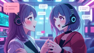 Experience a lively NSFW character AI conversation with modern anime characters in a digital chat setting.