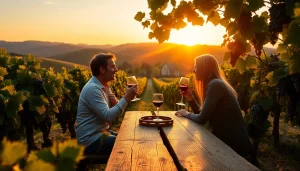 Enjoying wine at a beautiful winery Sacramento vineyard during sunset.