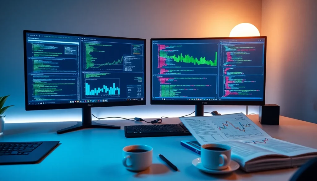 Modern workspace showcasing web scrapping analysis with dual monitors displaying data charts.