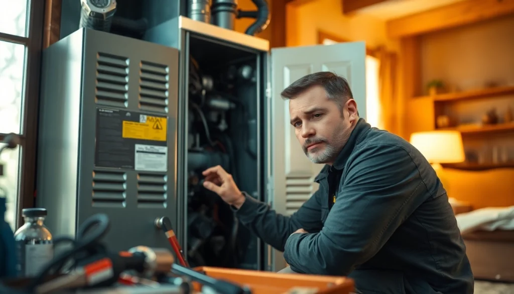 Engaged technician fixing a furnace during furnace repair Waccabuc service call.