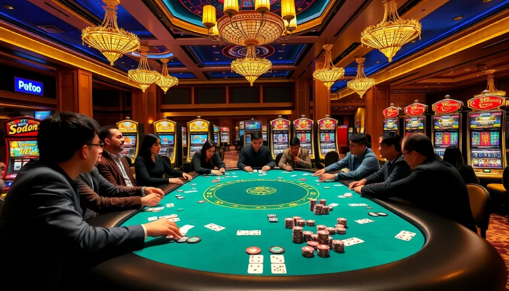 SODO gambling excitement at a luxurious poker table with diverse players and vibrant slot machines.