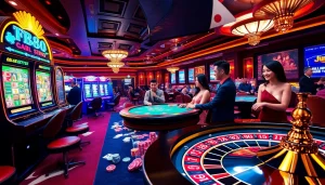 Exciting gaming action at FB88 casino with colorful chips and sleek poker tables.