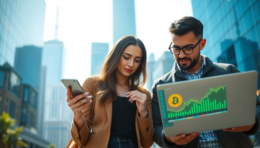 Acheter bitcoin avec une femme utilisant une application de portefeuille sur son smartphone et un homme examinant un graphique.