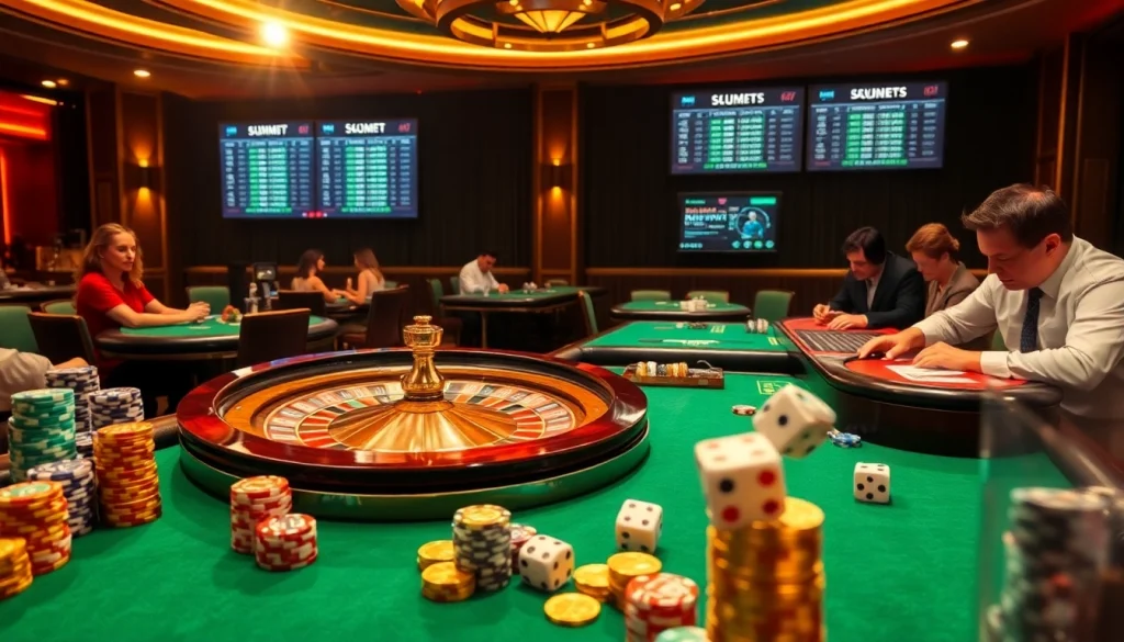 Engaging scene of a high-stakes casino gameplay highlighting link alternatif sbobet betting with poker chips and roulette.