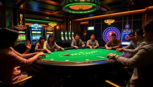 BDTK666 poker players strategizing at an opulent table in a vibrant casino.