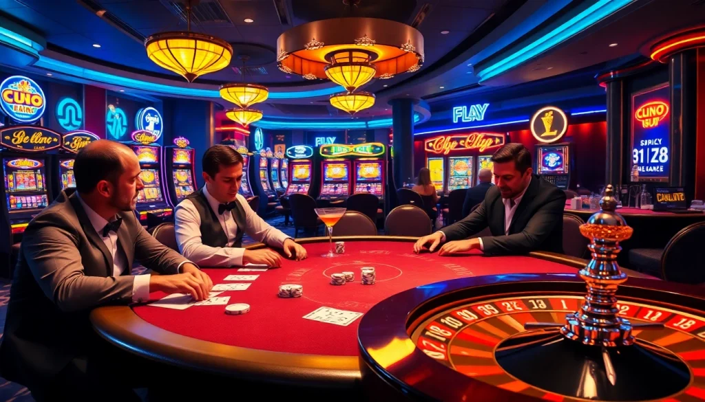 Players compete at a poker table in an upscale casino, highlighting FLY 88 excitement in gambling.