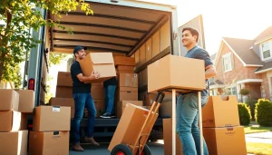 Moving Professionals efficiently packing a moving truck in a suburban neighborhood.