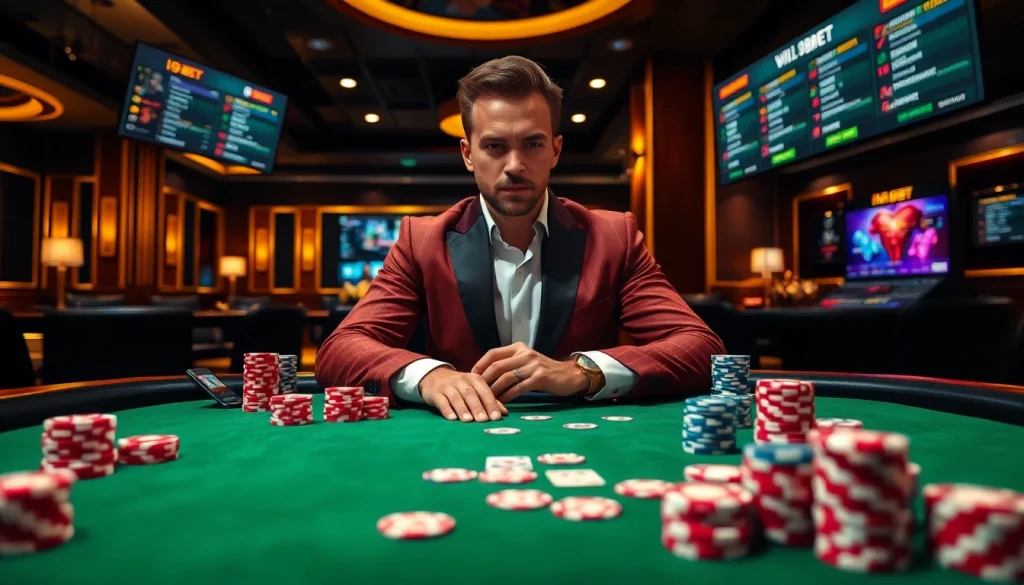 A vibrant casino scene featuring i9BET with a professional dealer dealing cards, exciting gamblers at a poker table.