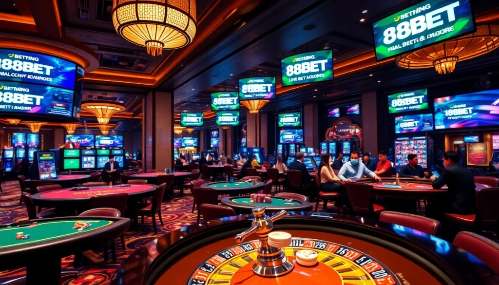 Experience the thrill of 188BET with dynamic gaming scenes and luxury casino elements.