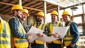 Construction association North Carolina workers collaborating on-site with blueprints and tools.