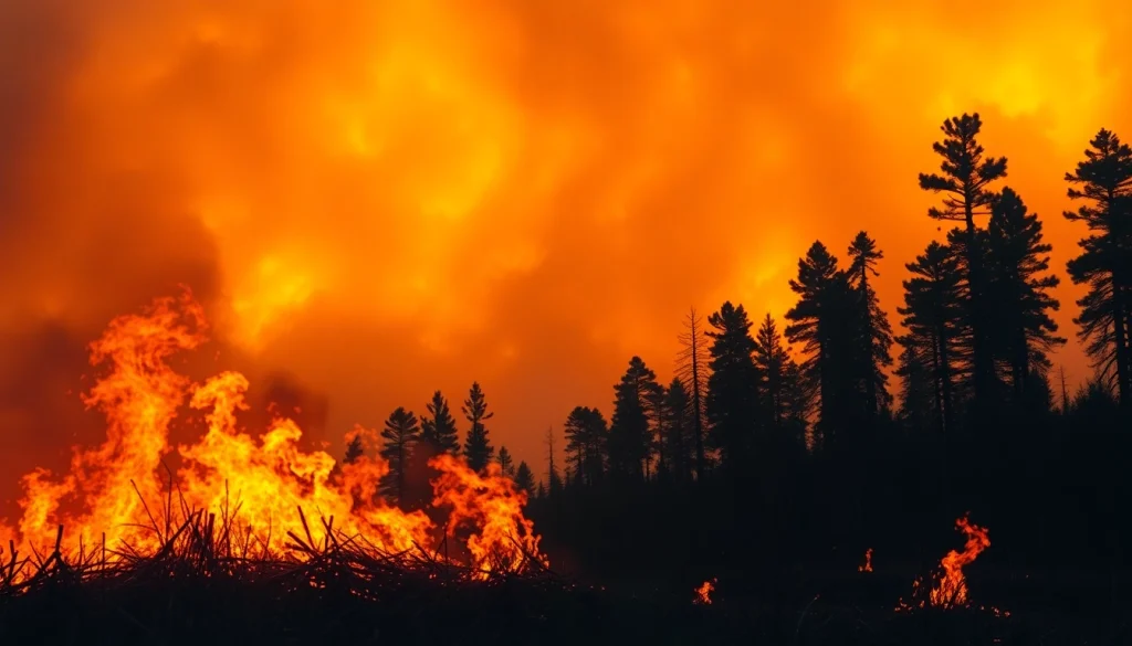 Captivating visual of wildfire events showcasing flames engulfing trees with dramatic lighting.