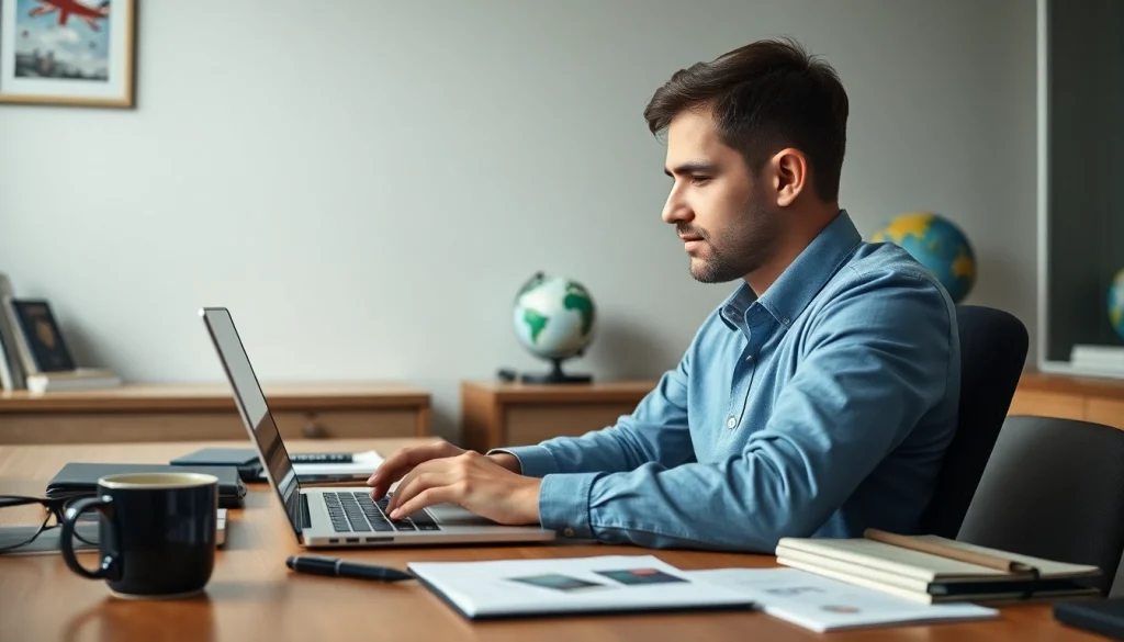 Completing the uk eta online application on a laptop in a professional office setting with travel elements.