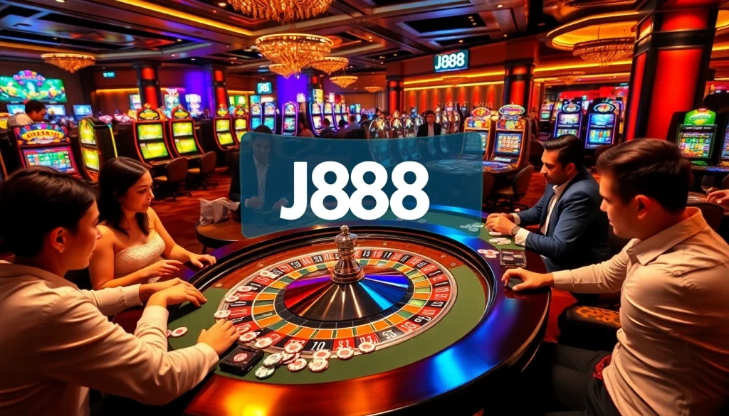 Engaging players in a vibrant casino scene showcasing J88 gaming excitement with roulette and slot machines.