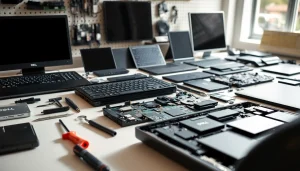 Explore various Dell Parts arranged for repair, highlighting the essential components for tech maintenance.