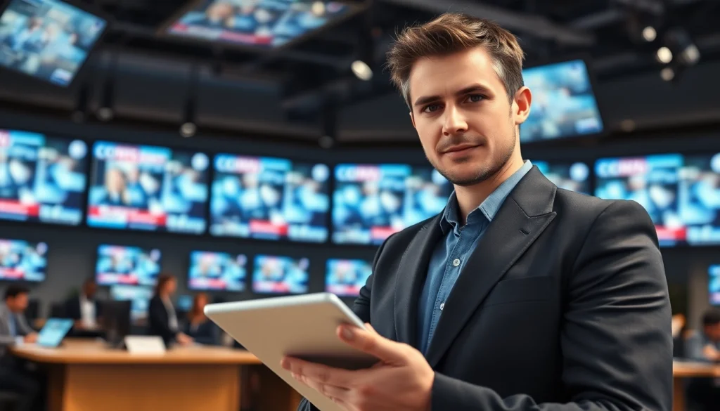 Journalist reporting breaking news for Usa Today in a modern newsroom setting.