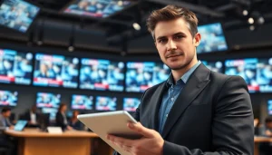 Journalist reporting breaking news for Usa Today in a modern newsroom setting.