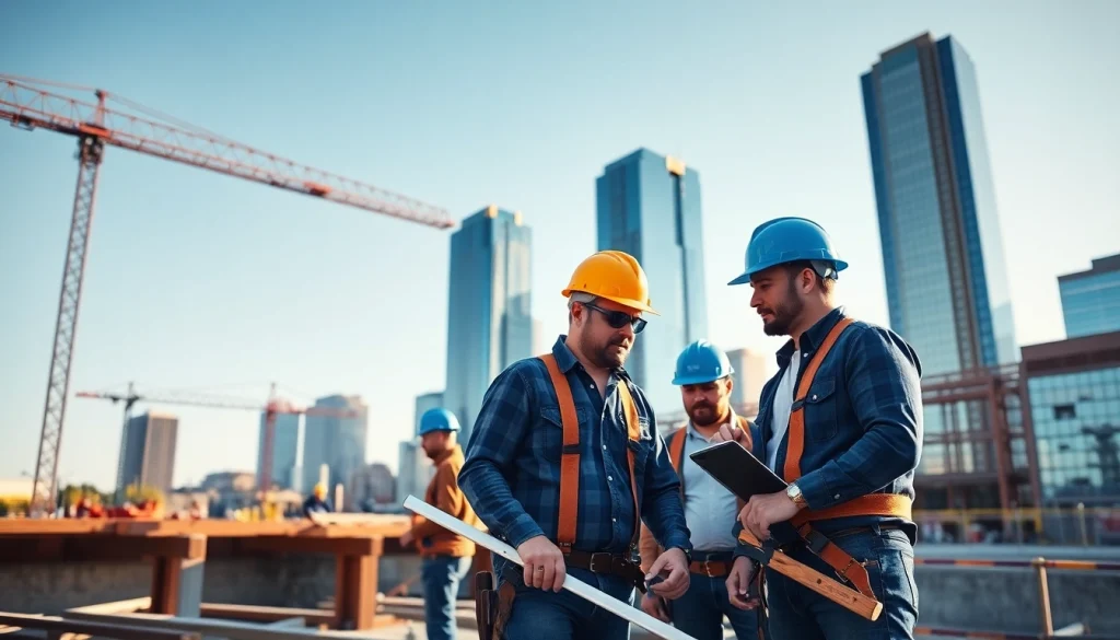 Construction workers collaborating in Denver's skyline, showcasing the construction association denver.