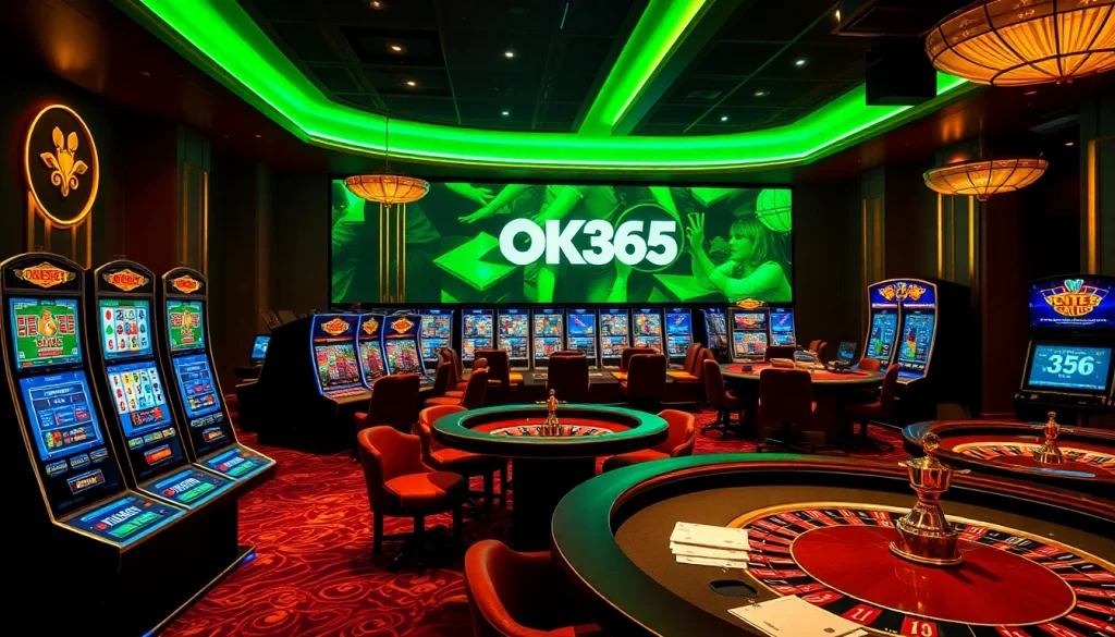 Engaging players at OK365's modern casino interface with slot machines and poker tables.