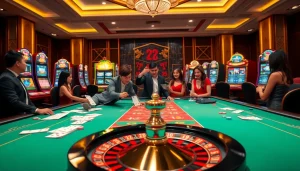 Engaging scene of players using the Tool xổ số siêu tốc in a vibrant casino setup with betting slips and slot machines.