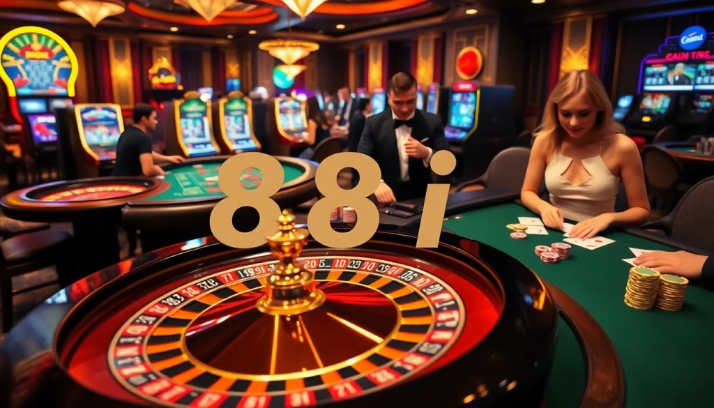 Excited gamblers at a luxurious casino scene with roulette and card games promoting 88i.