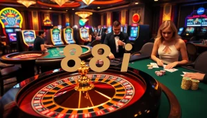 Excited gamblers at a luxurious casino scene with roulette and card games promoting 88i.