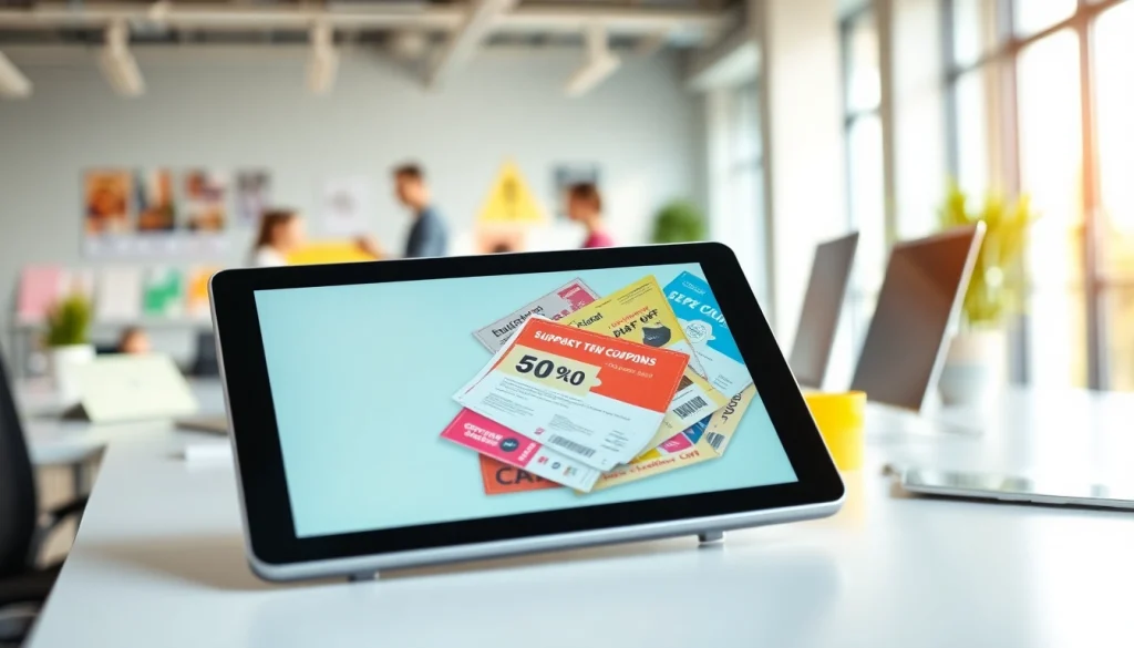 모바일쿠폰의 다양한 디자인이 보여지는 스마트폰을 활용한 이미지