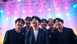 Engaging moment of bts members showcasing their camaraderie during a vibrant celebration.