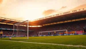 แสดงผลบอลสดในสนามฟุตบอลที่เต็มไปด้วยผู้ชมและบรรยากาศที่น่าตื่นเต้น