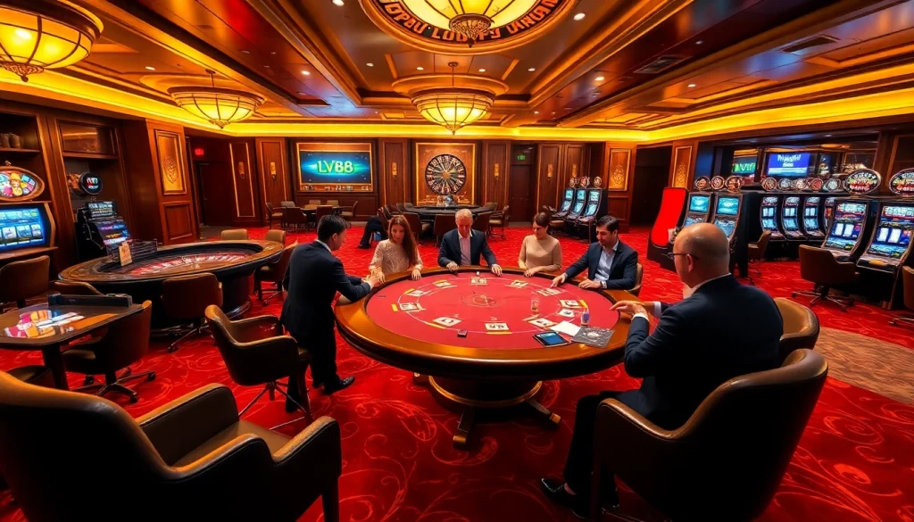 Experience high-stakes gameplay at LV88 with a vibrant casino atmosphere filled with poker tables and slot machines.