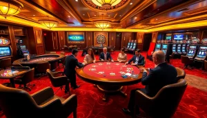 Experience high-stakes gameplay at LV88 with a vibrant casino atmosphere filled with poker tables and slot machines.