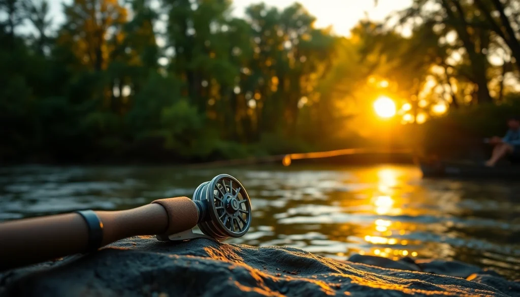 Showcase a detailed fly fishing kit, highlighting essential tools in a natural river setting.