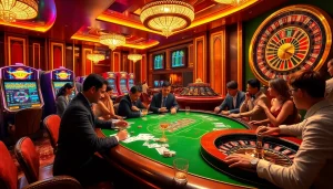 Gamble with excitement at https://xoixoai.com/ in a luxurious casino setting featuring poker and slot machines.