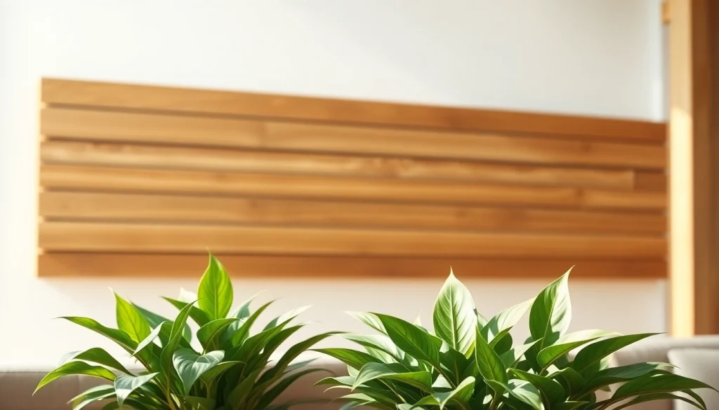 Stylish wood slats enhancing interior design with natural light and lush greenery.
