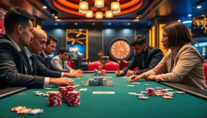 Players enjoy high-stakes poker at a luxurious casino table highlighting CM88 excitement.