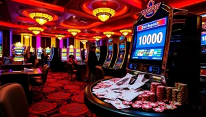Exciting casino scene showcasing slot deposit 1000 machines and vibrant poker chips in play.