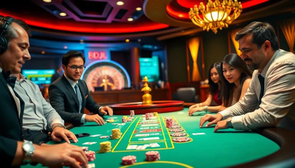 Engaged players at a BDJL poker table with vibrant chips and cards in a luxury casino.