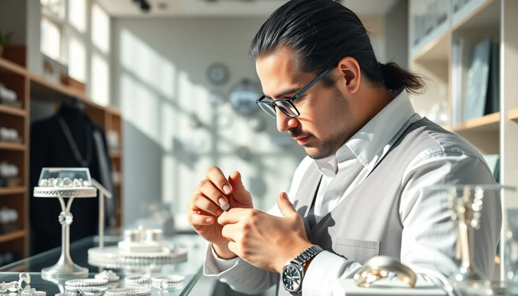 Compro argento: esperto esamina argento usato in un negozio accogliente.