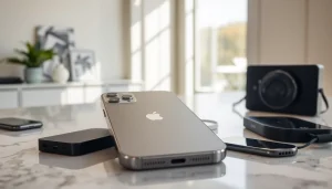 Descubre el iPhone 15 Pro Max 256GB con un acabado de titanio en un elegante entorno moderno.