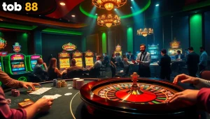 Experience the thrill of nhà cái tobet88 with vibrant casino gaming scenes featuring poker tables and roulette wheels.