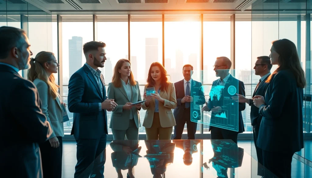 Agenti Ai che collaborano in un ufficio moderno, evidenziando interazioni dinamiche.