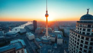 Drohnenfotos Berlin zeigen eine dynamische Perspektive auf den Fernsehturm und die Spree.
