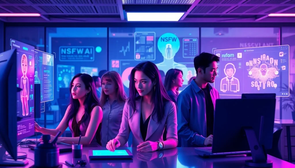 Interactive users experiencing nsfw ai platforms in a modern tech workspace